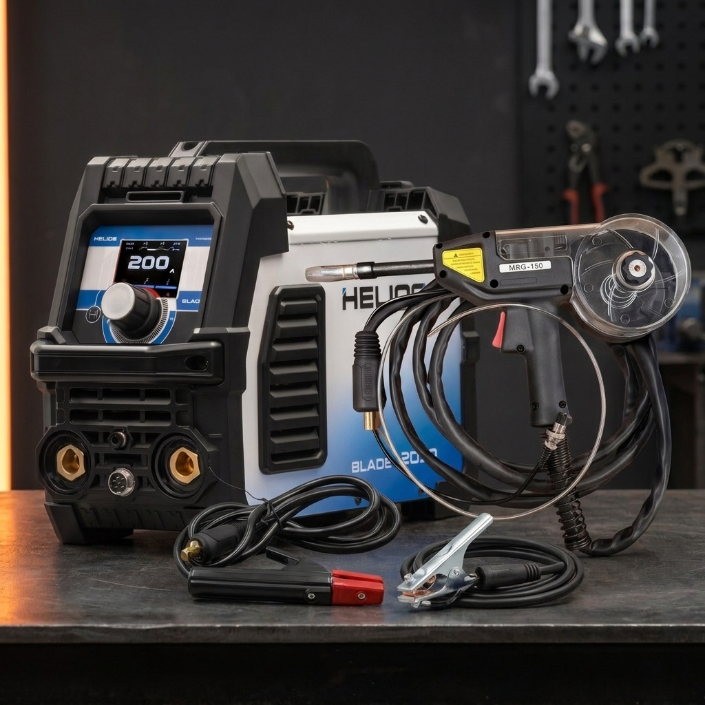 Soldadora multiproceso HELIOS con antorcha Spool Gun y accesorios en un taller