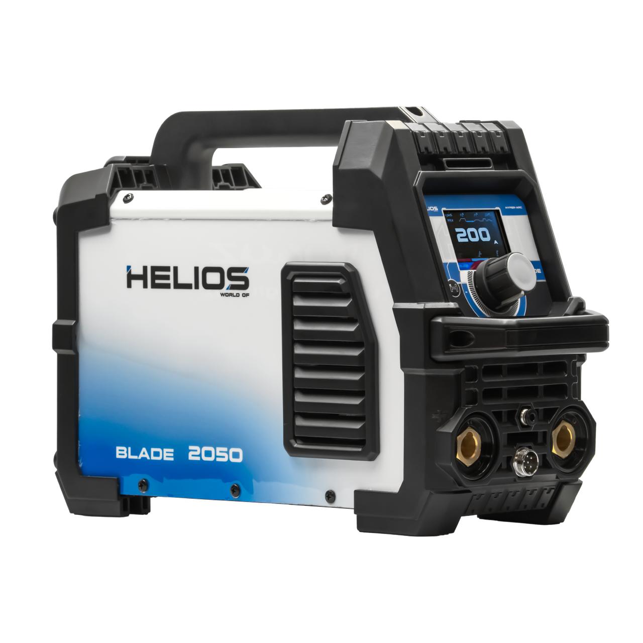 Soldadora inversora HELIOS Blade 2050 de 200 amperes, vista frontal del equipo