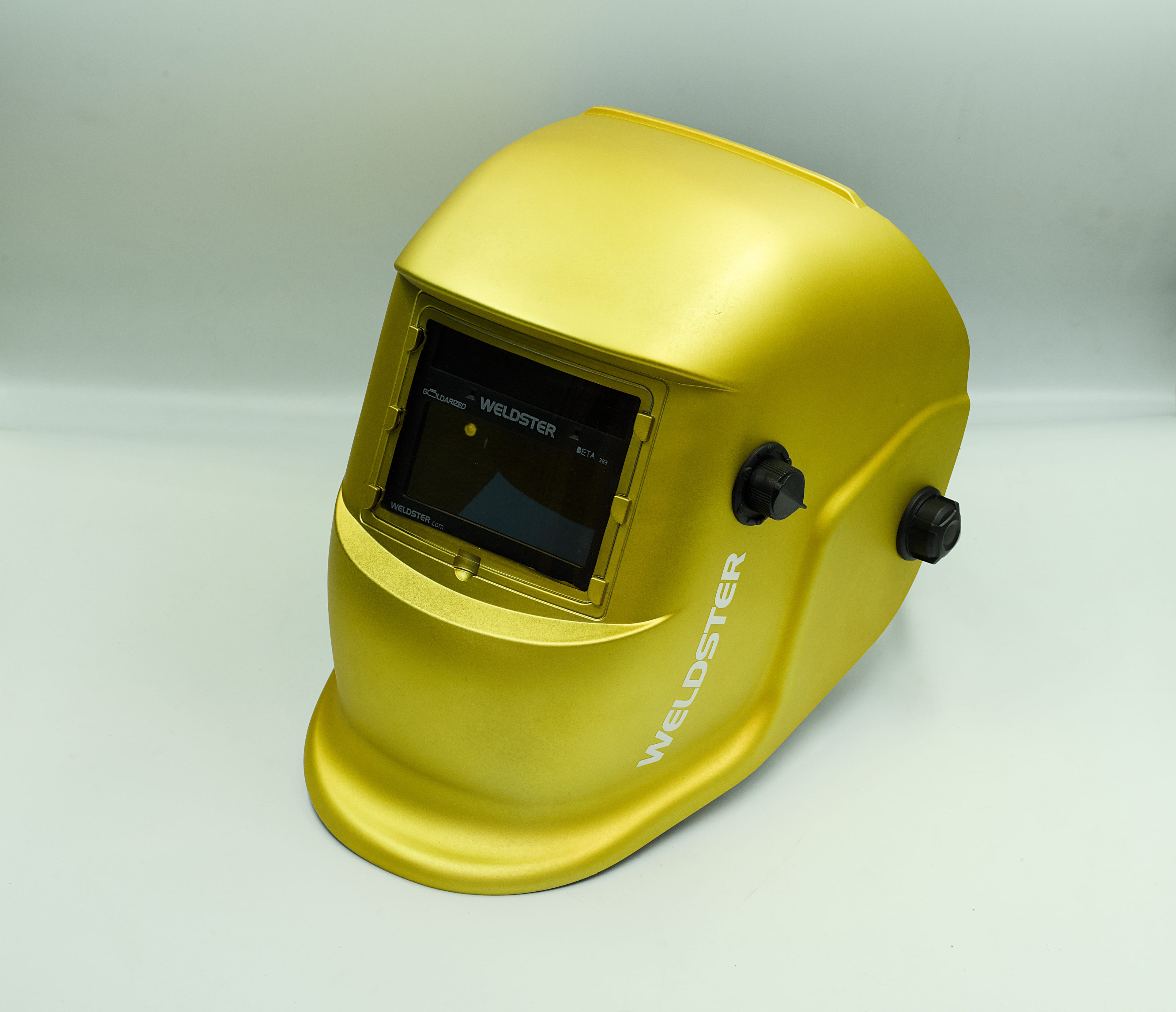 Careta de soldar WELDSTER Goldarized dorada, vista frontal del visor