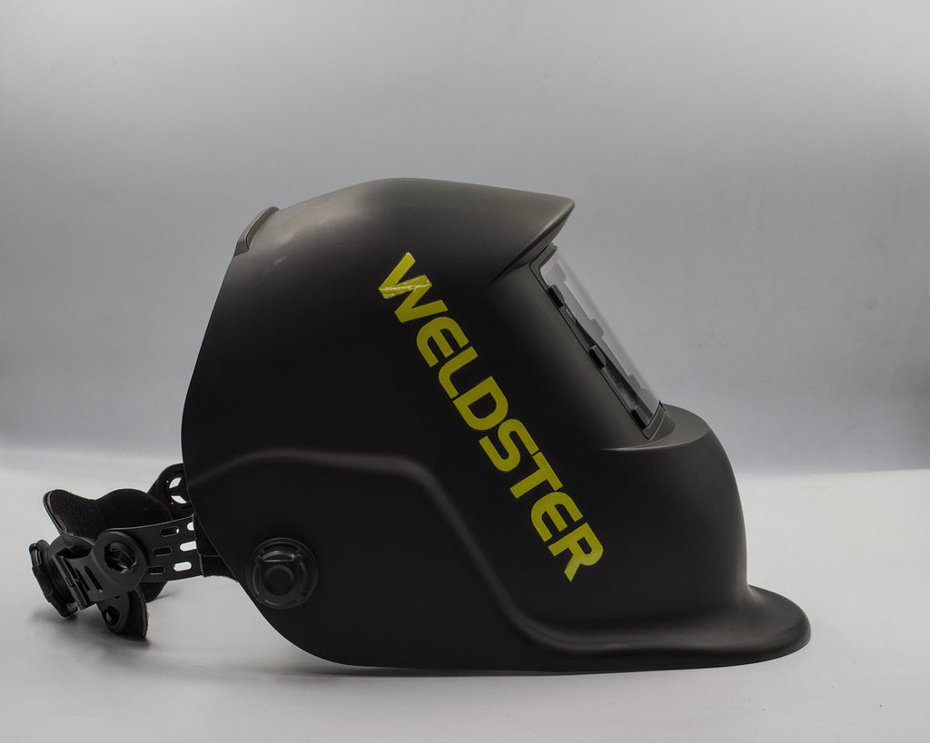Careta de soldar WELDSTER Goldarized negra, vista trasera con el arnés de ajuste