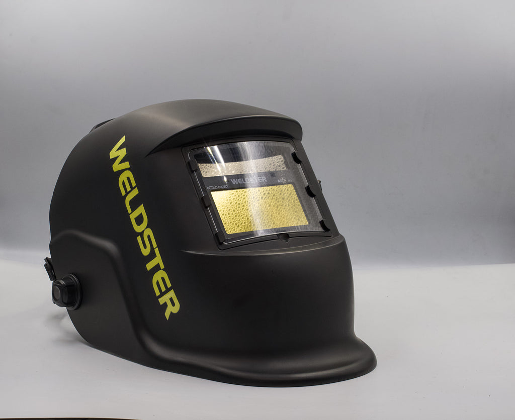 Careta de soldar WELDSTER Goldarized negra, vista lateral del filtro fotosensible
