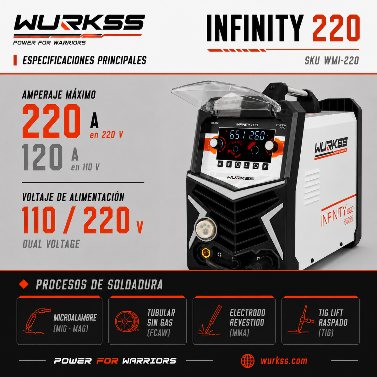 Soldadora Multiproceso WURKSS Infinity 220 220A 220V MIG Sin Gas