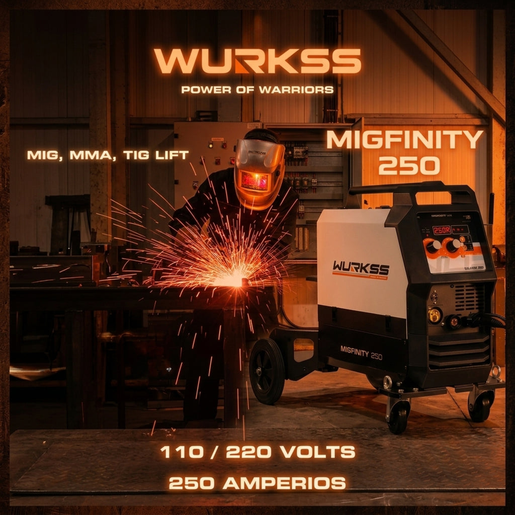 Soldadora WURKSS MIGFINITY 250 en uso: MIG, MMA y TIG Lift a 110/220 volts y 250 amperios