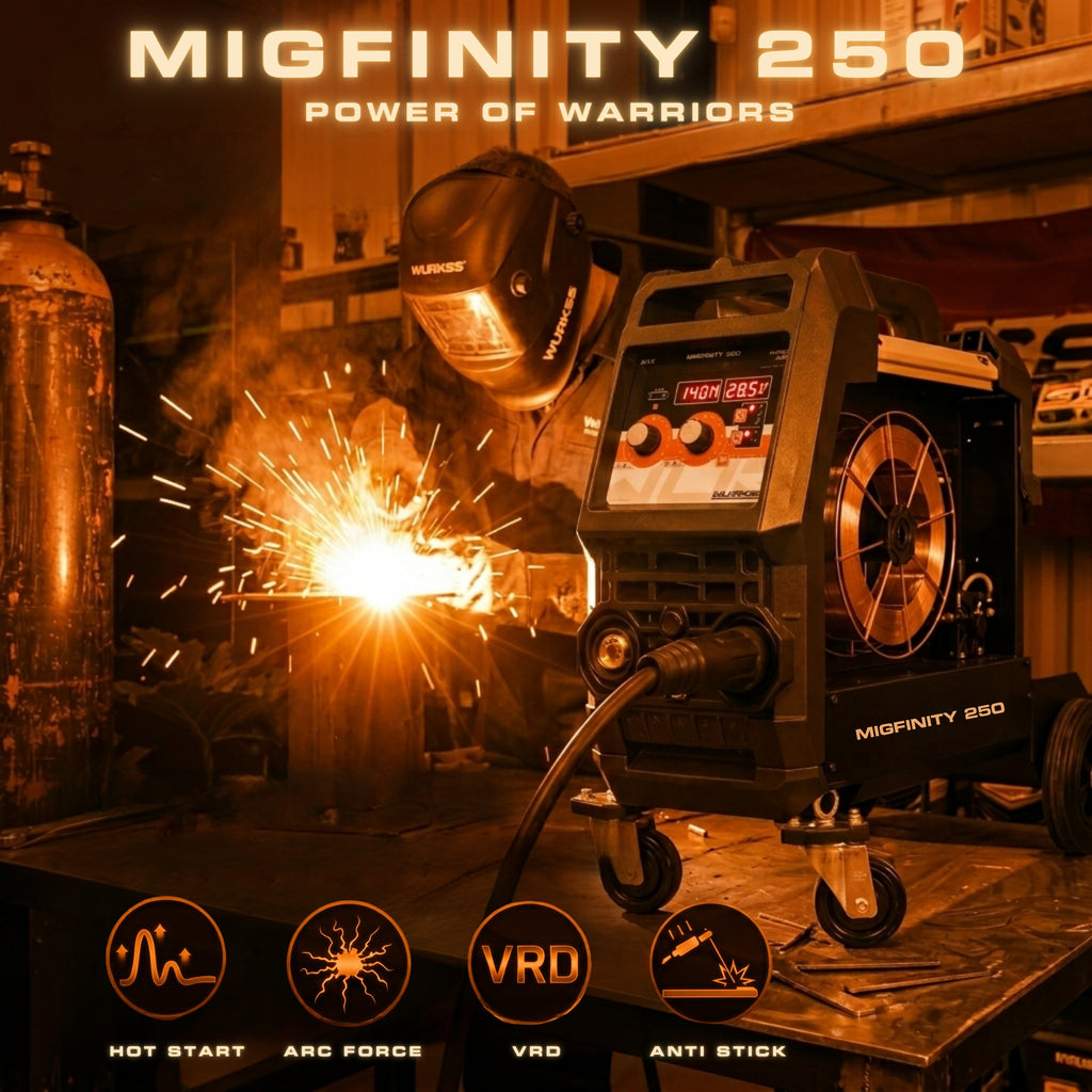 MIGFINITY 250 soldando en taller, con funciones Hot Start, Arc Force, VRD y Anti Stick