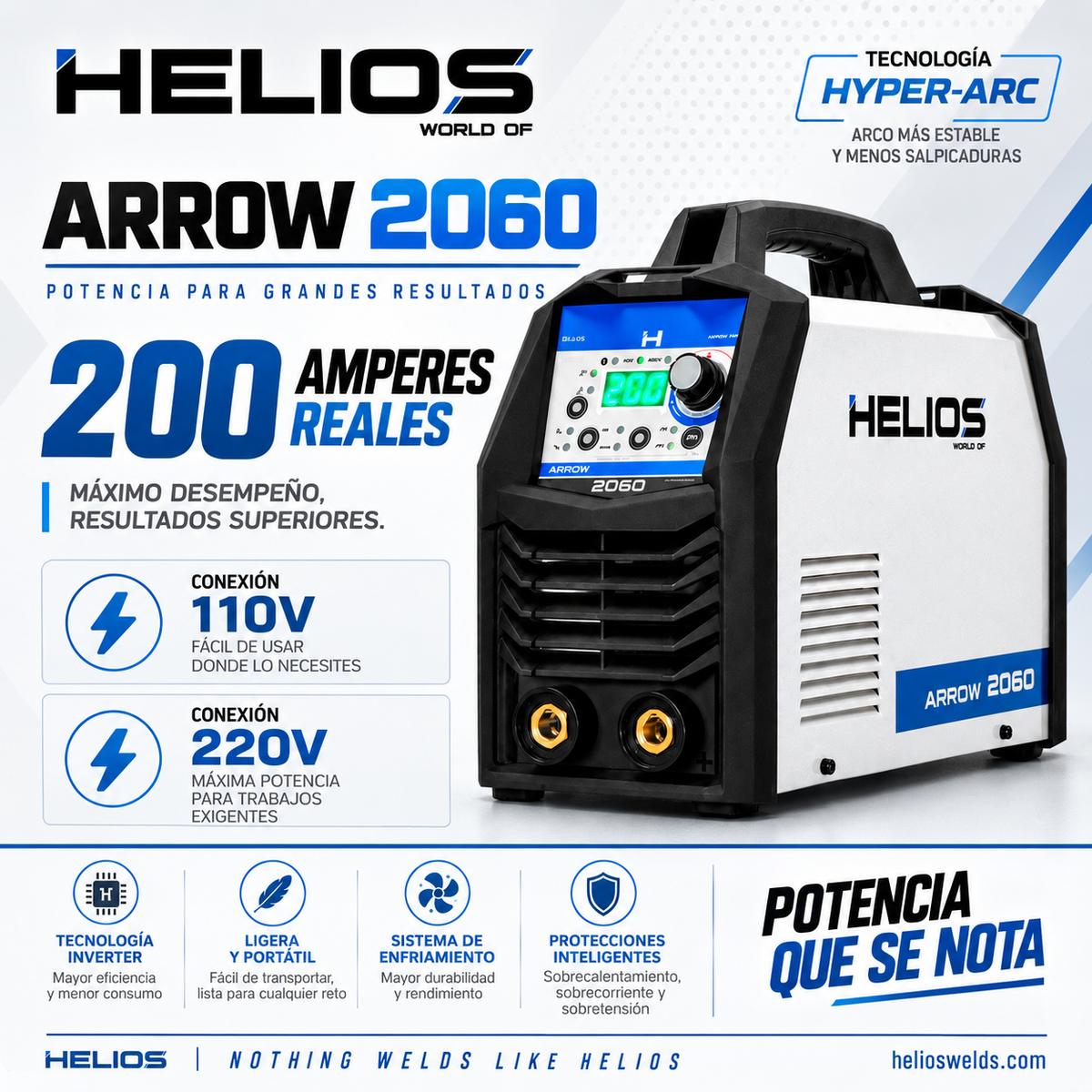 Soldadora Inversora HELIOS ARROW 2060, 200 amperes reales, conexion 110V/220V