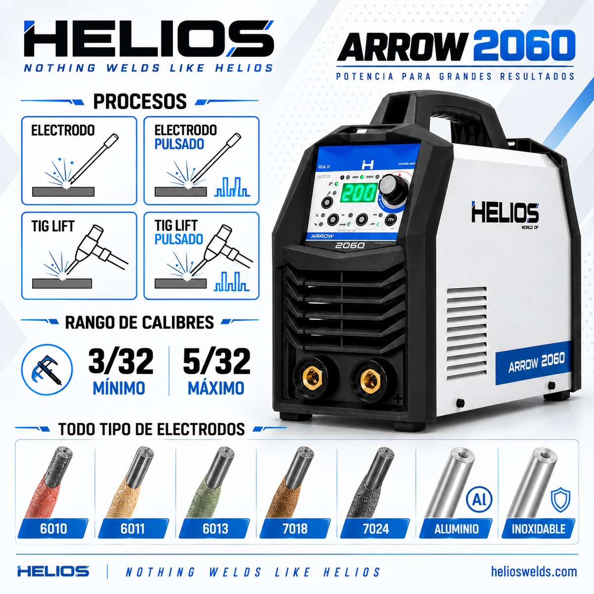 Soldadora Inversora HELIOS ARROW 2060, procesos electrodo y TIG Lift, rango de calibres
