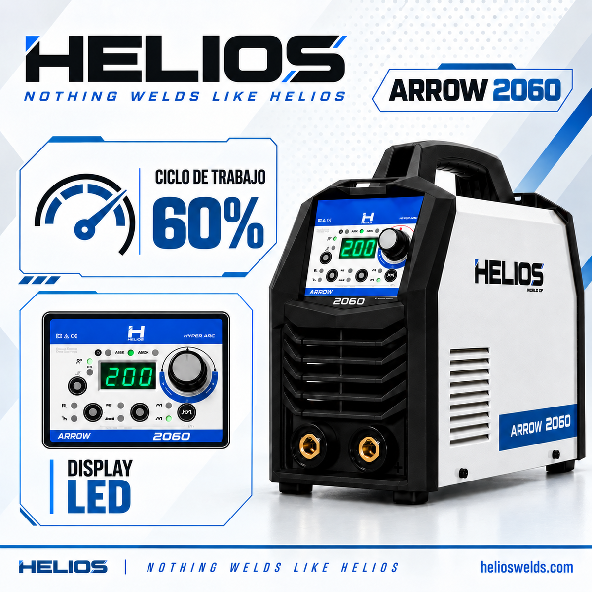 Soldadora Inversora HELIOS ARROW 2060, ciclo de trabajo 60%, display LED