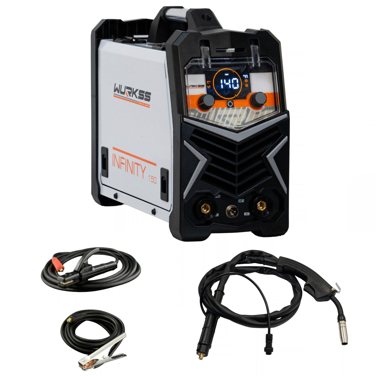 Soldadora WURKSS Infinity 150, vista frontal 3/4 con kit de cables
